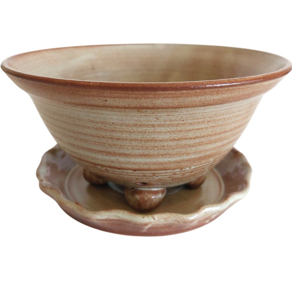 Handmade Ceramic Berry Bowl with Saucer Trinket Dish Signed Cottagecore Boho